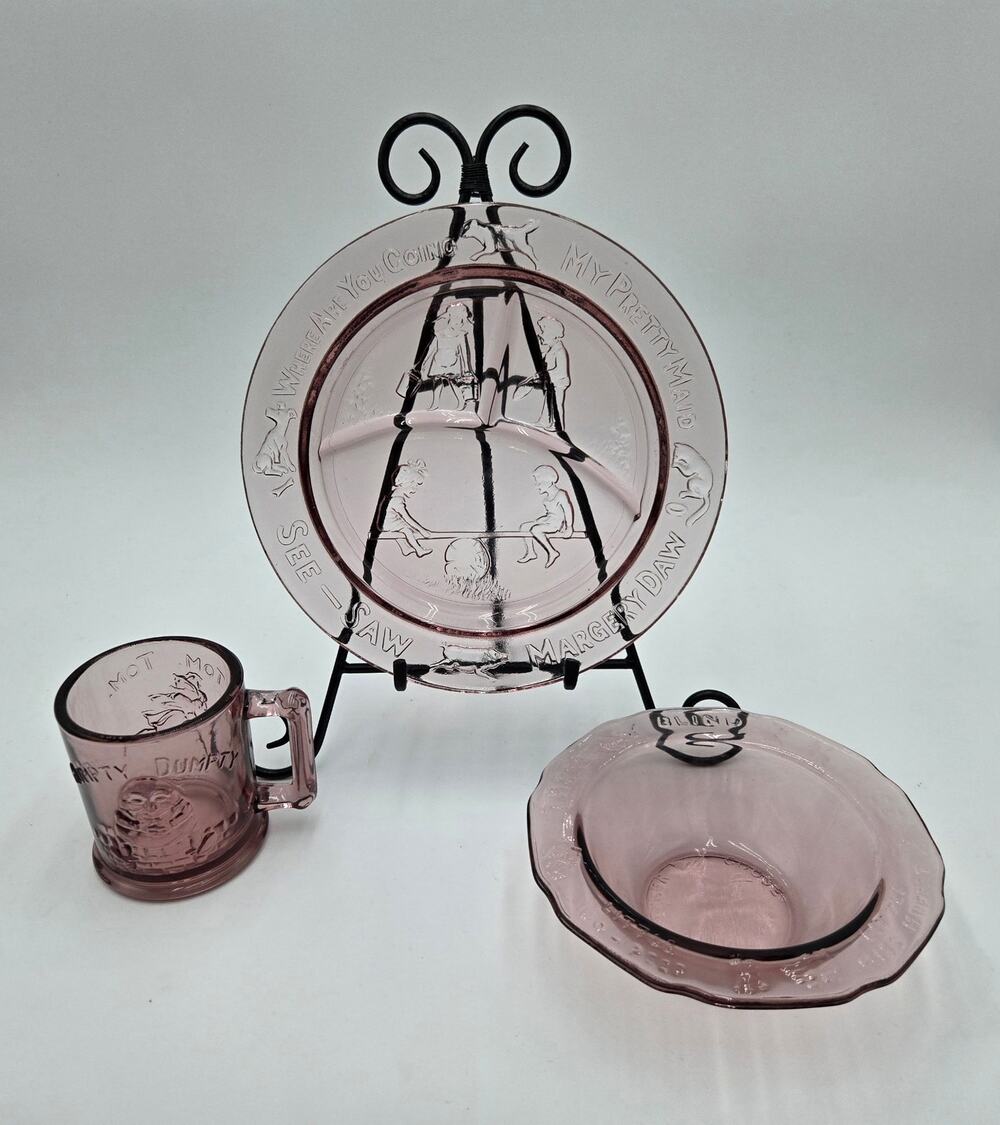 Vintage 3pc Tiara Indiana Glass Pink Nursery Rhyme Children’s Set
